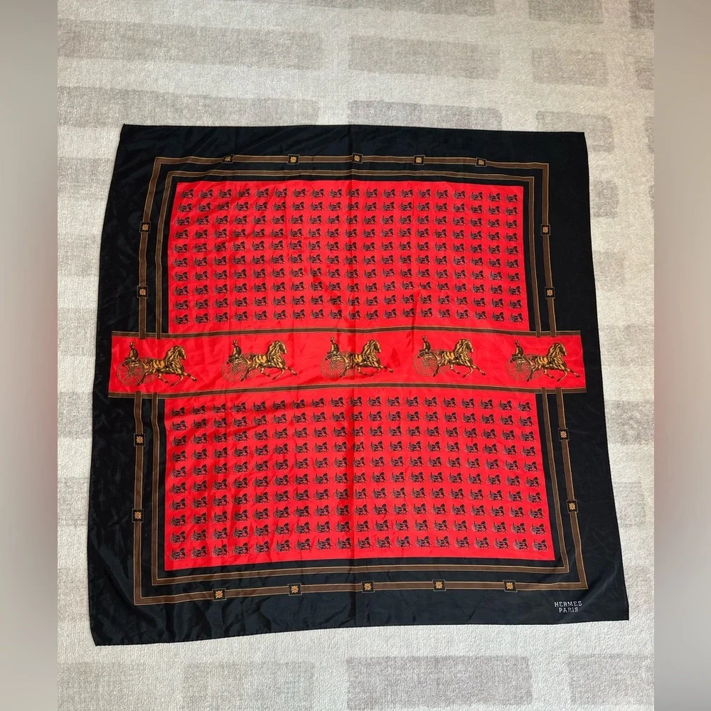 Vintage Hermes Paris Silk Horse and Carriage Scarf Red and Black